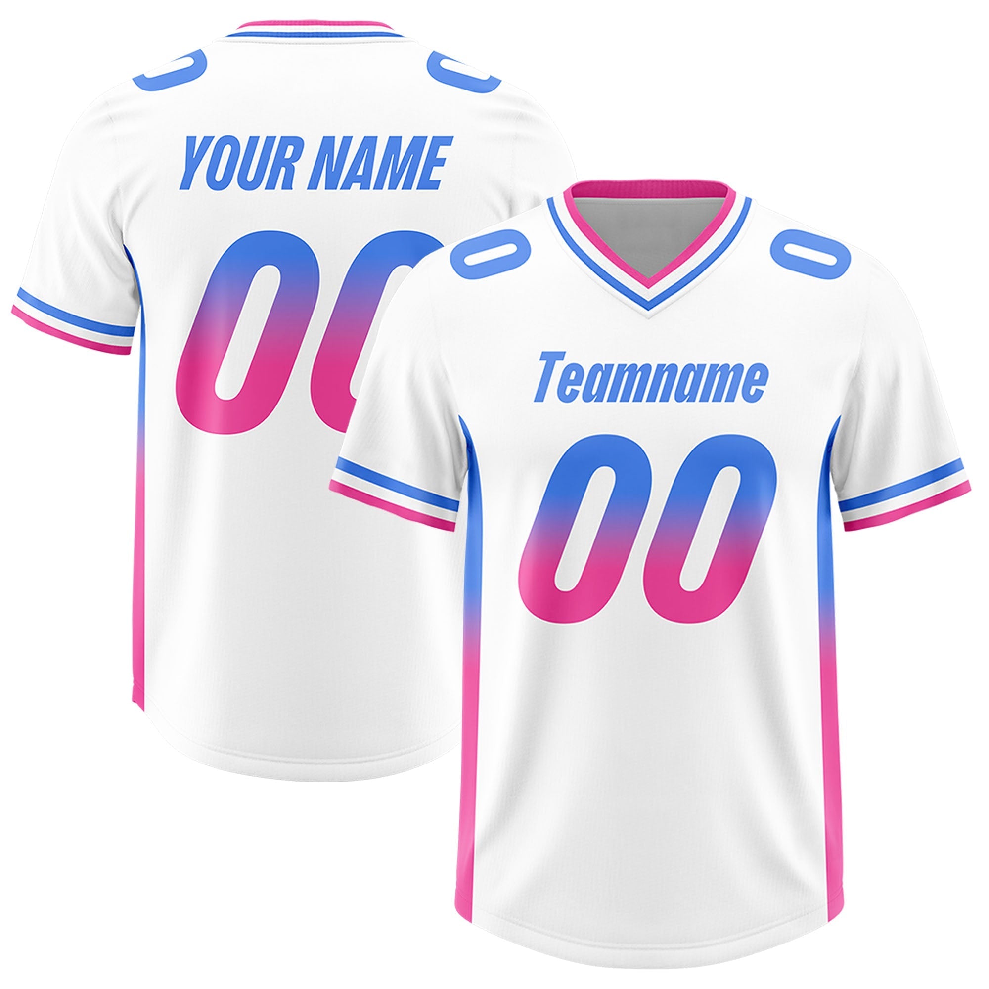 Custom White Powder Blue and Pink Sides Gradient Fashion Personalized Team American Football Jersey