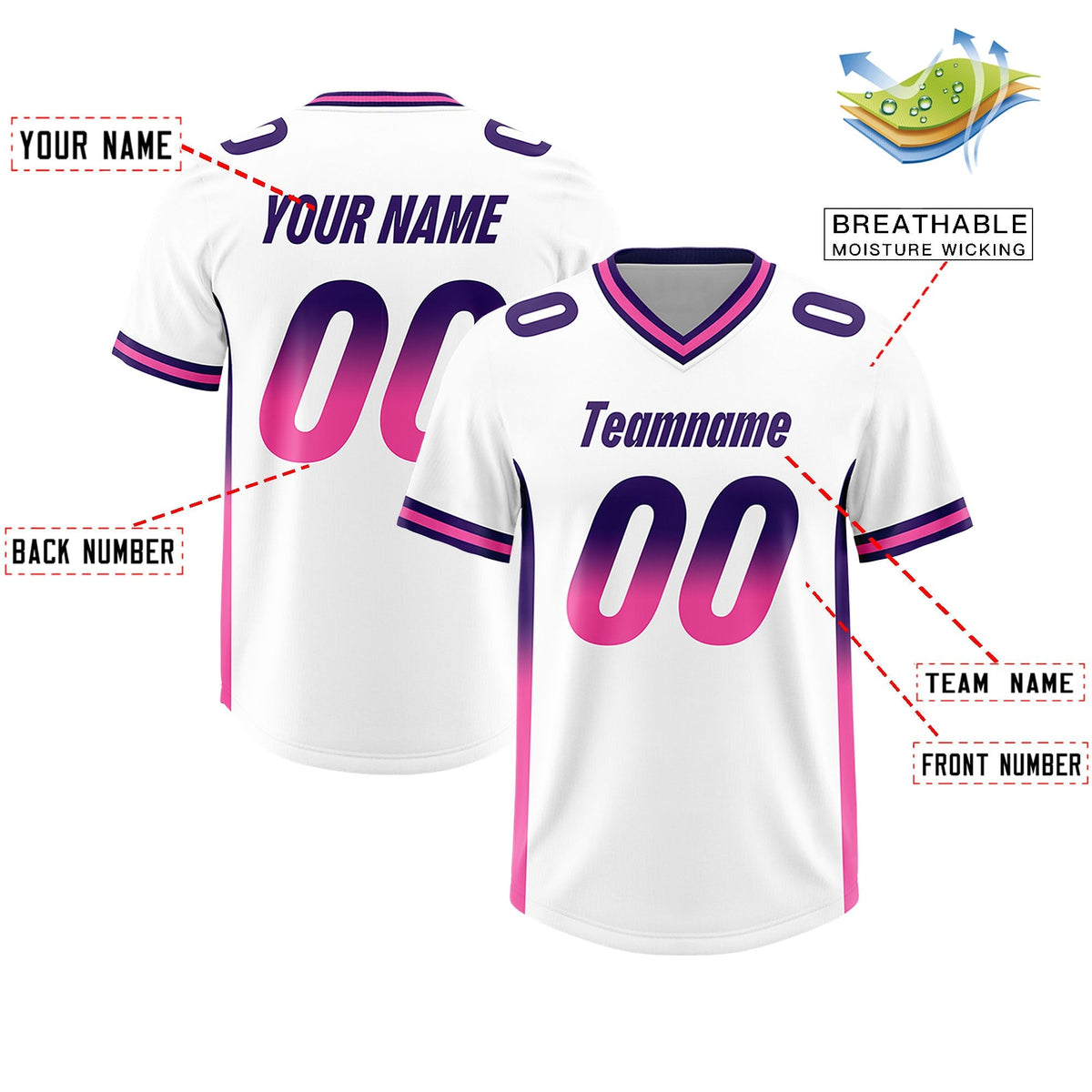 Custom White Purple and Pink Sides Gradient Fashion Personalized Team American Football Jersey