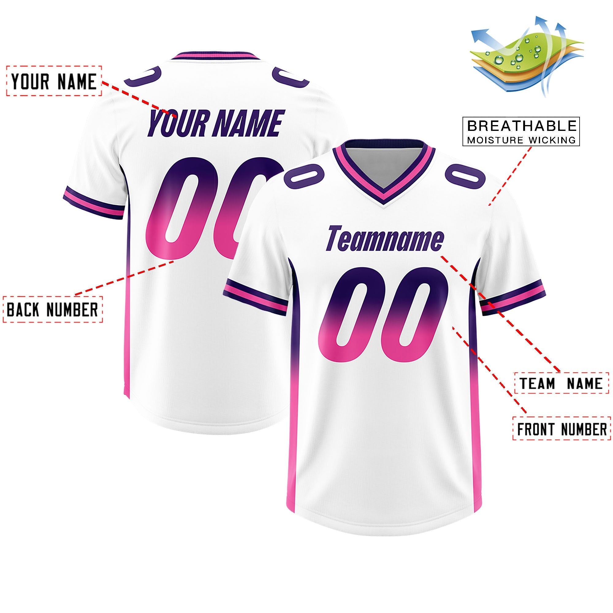 Custom White Purple and Pink Sides Gradient Fashion Personalized Team American Football Jersey