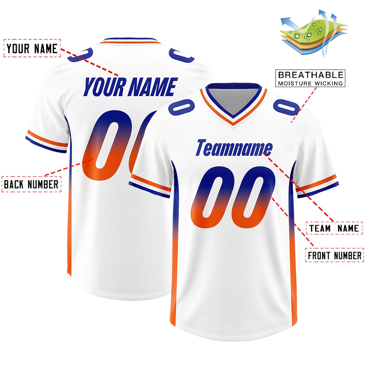 Custom White Royal and Orange Sides Gradient Fashion Personalized Team American Football Jersey