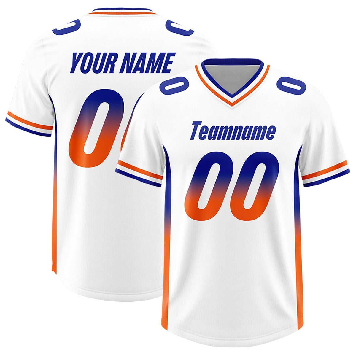 Custom White Royal and Orange Sides Gradient Fashion Personalized Team American Football Jersey