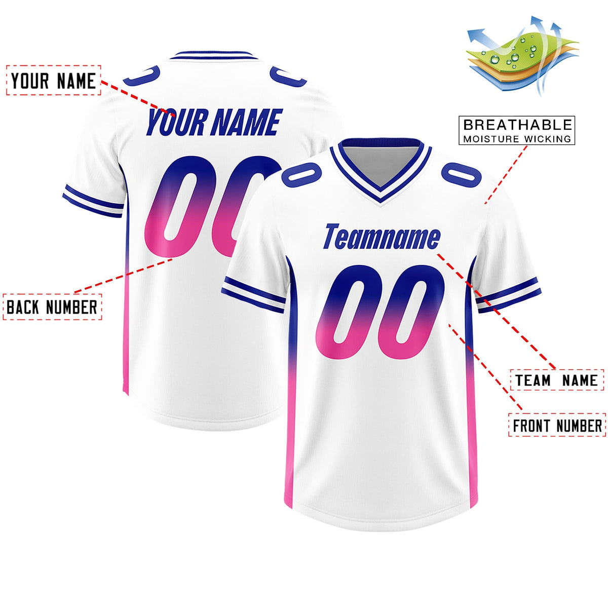 Custom White Royal and Pink Sides Gradient Fashion Personalized Team American Football Jersey