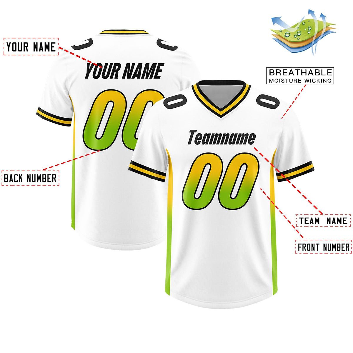 Custom White Gold Sides Gradient Fashion Personalized Team American Football Jersey