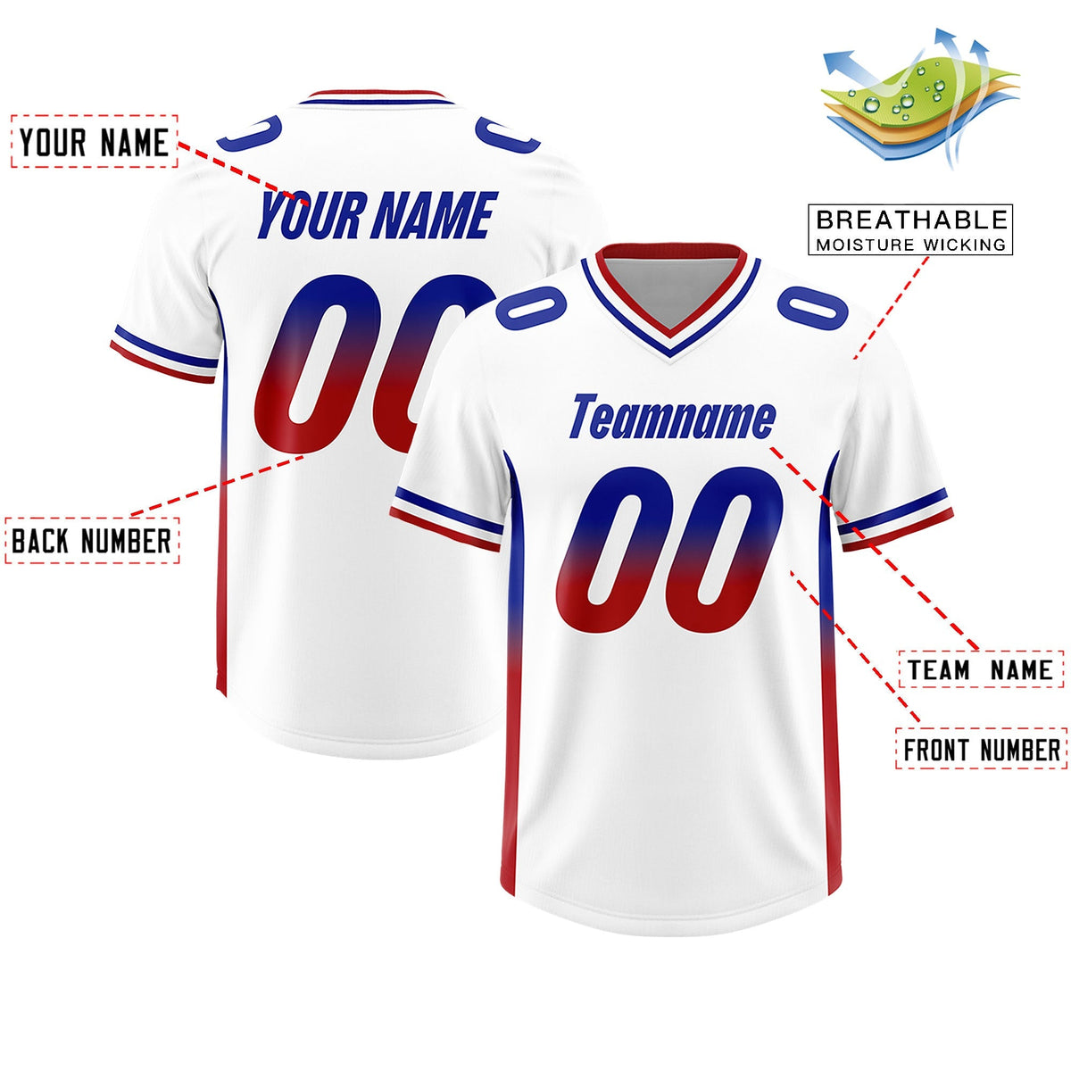 Custom White Royal and Red Sides Gradient Fashion Personalized Team American Football Jersey