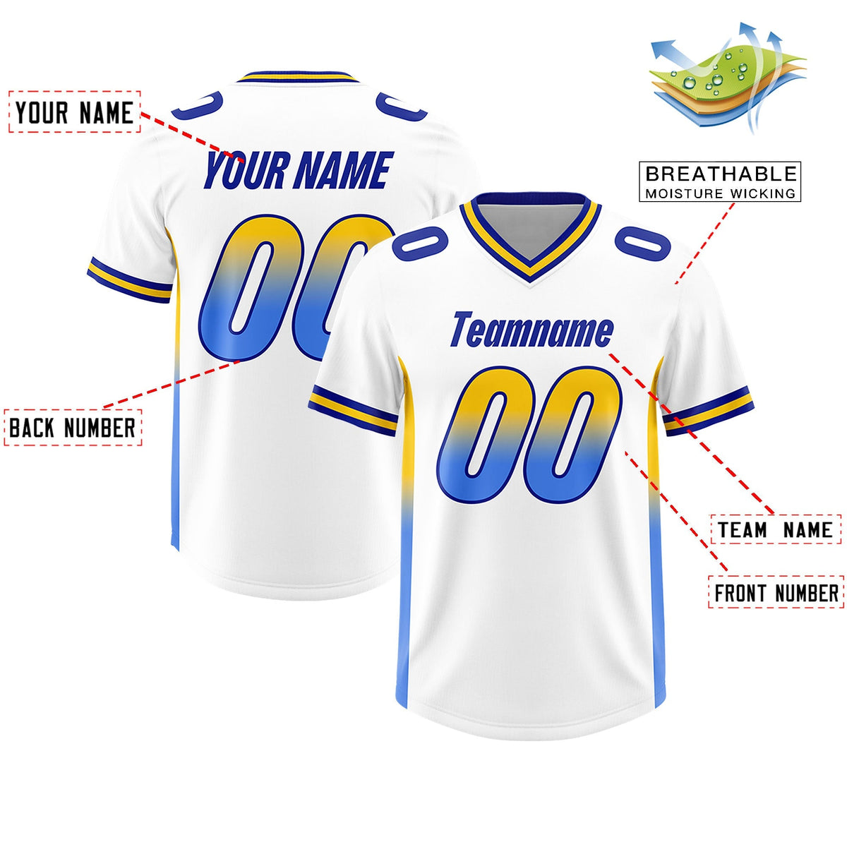 Custom White Gold Sides Gradient Fashion Personalized Team American Football Jersey