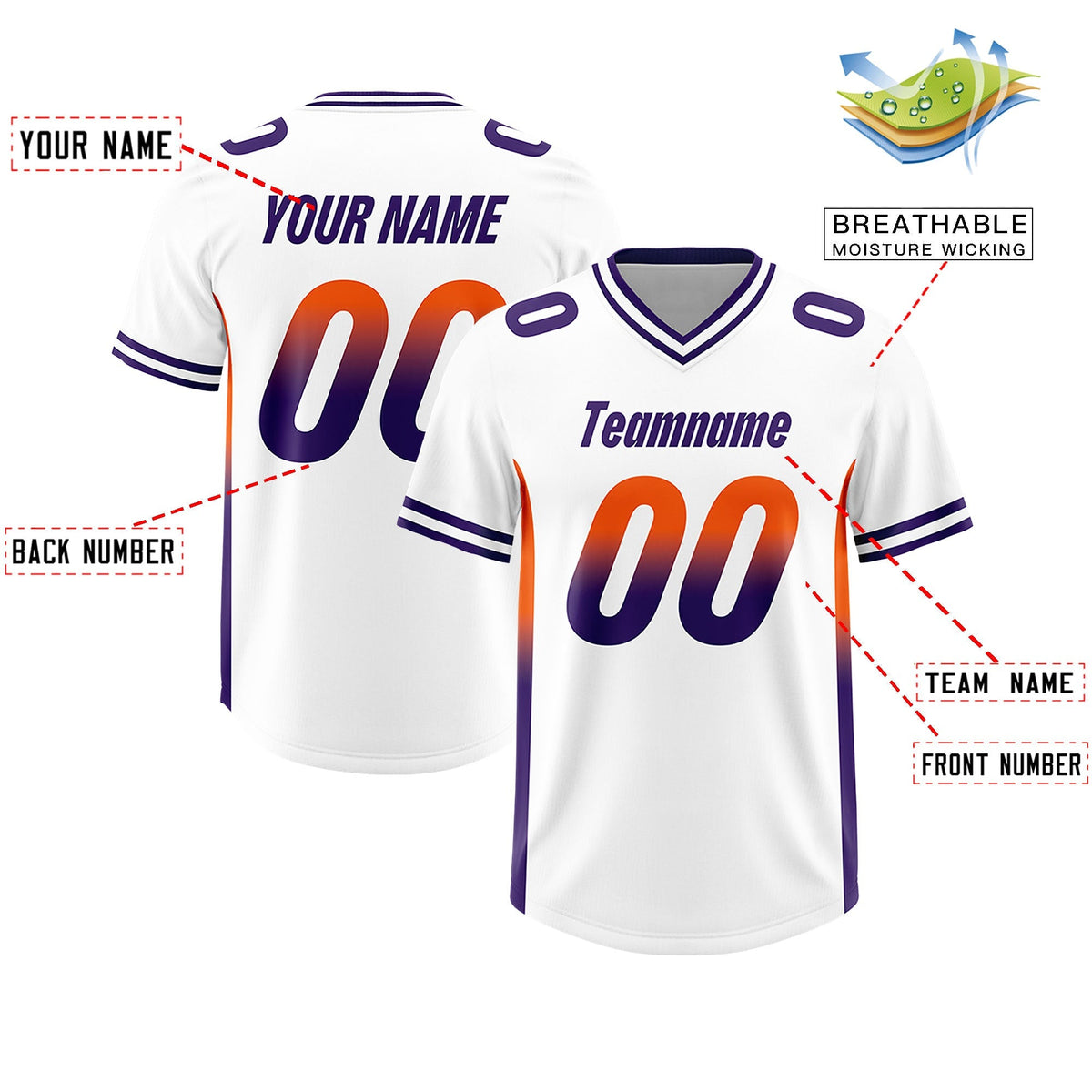 Custom White Orange and Purple Sides Gradient Fashion Personalized Team American Football Jersey