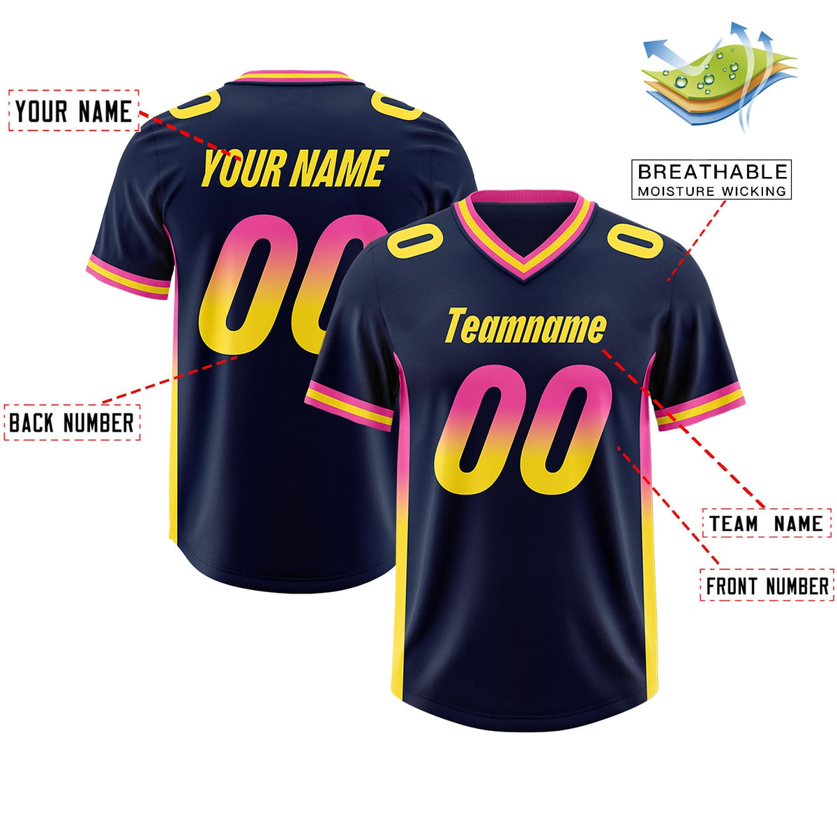 Custom Navy Pink and Gold Sides Gradient Fashion Personalized Team American Football Jersey