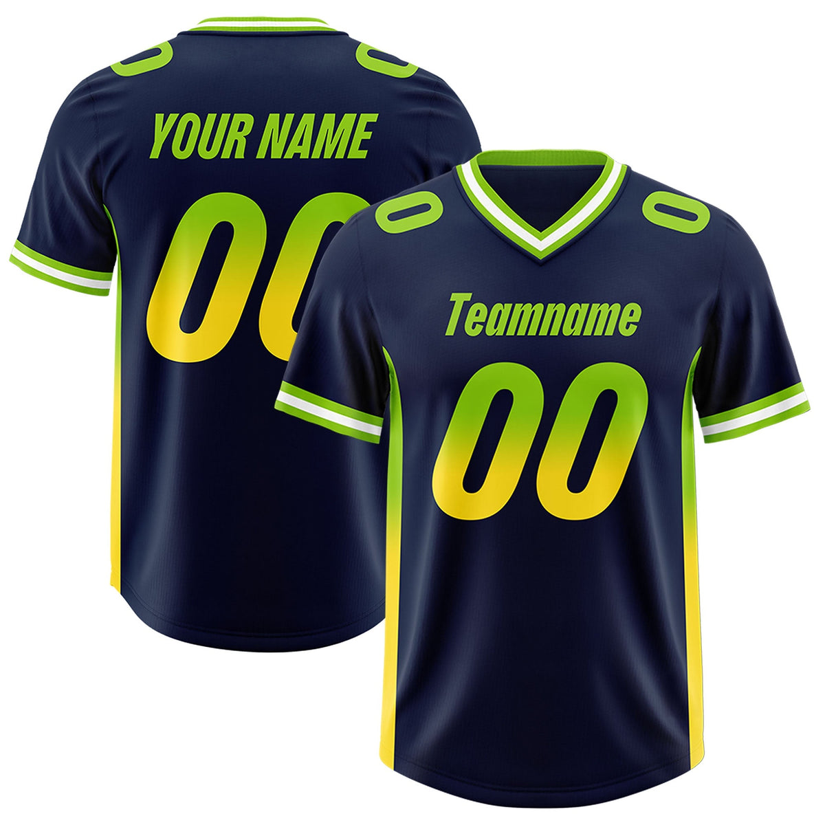 Custom Navy Neon Green and Gold Sides Gradient Fashion Personalized Team American Football Jersey