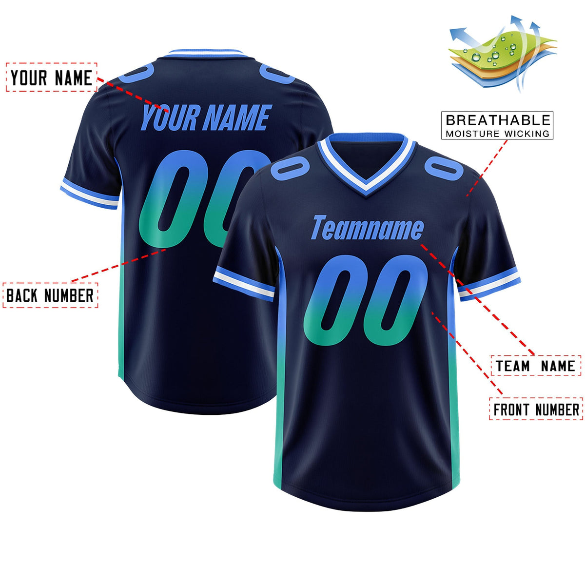 Custom Navy Powder Blue and Bright Green Sides Gradient Fashion Personalized Team American Football Jersey