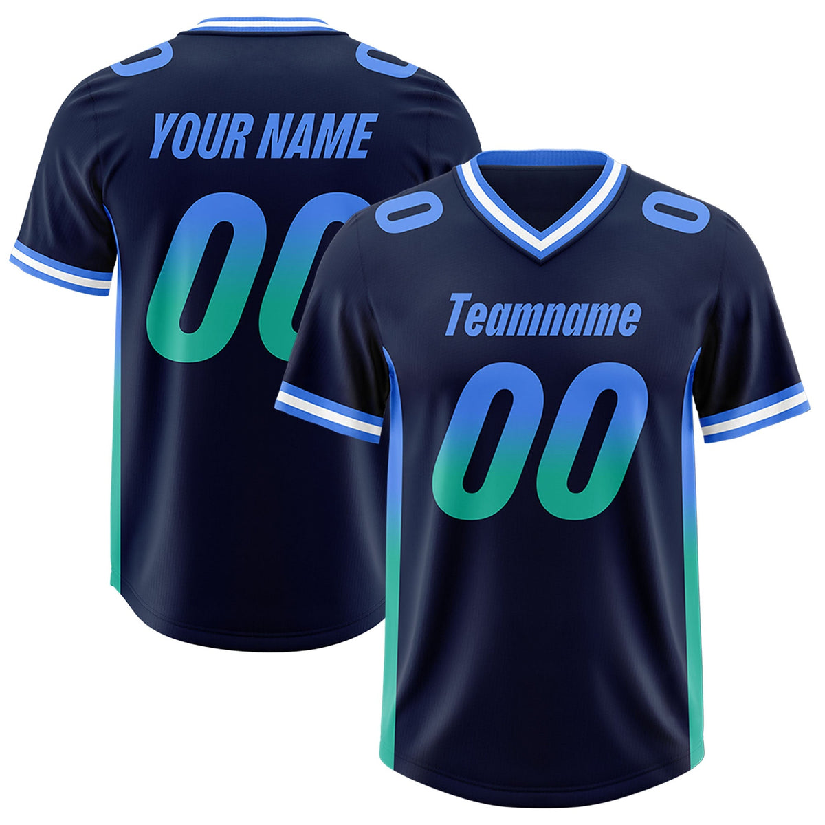 Custom Navy Powder Blue and Bright Green Sides Gradient Fashion Personalized Team American Football Jersey