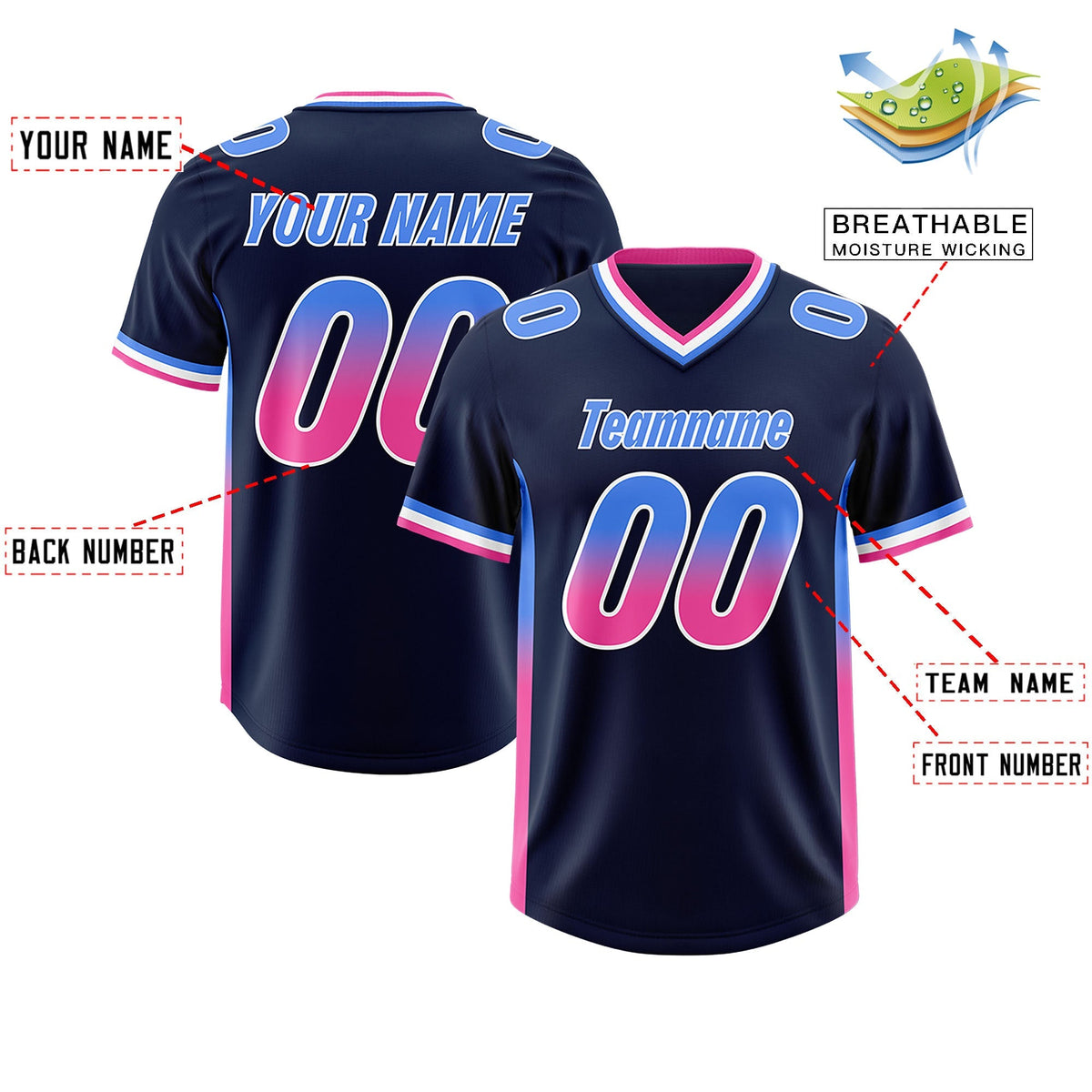 Custom Navy Powder Blue and Pink Sides Gradient Fashion Personalized Team American Football Jersey