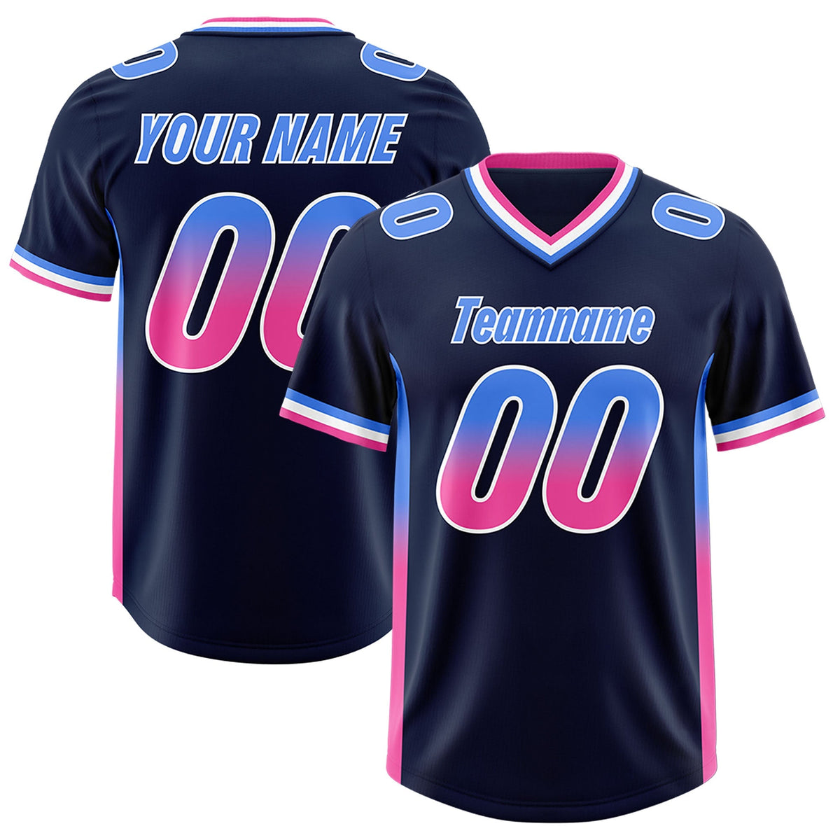 Custom Navy Powder Blue and Pink Sides Gradient Fashion Personalized Team American Football Jersey