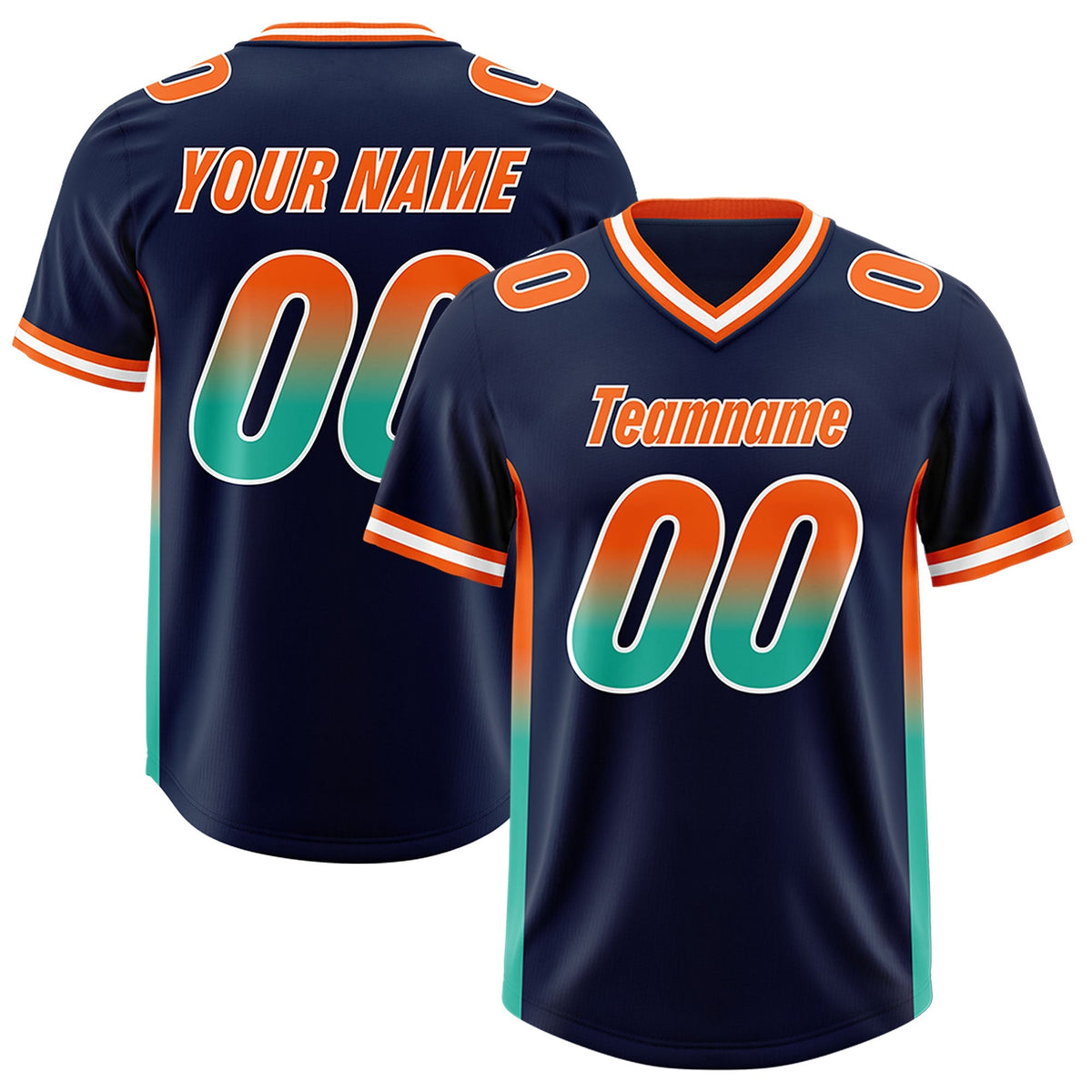 Custom Navy Orange and Bright Green Sides Gradient Fashion Personalized Team American Football Jersey