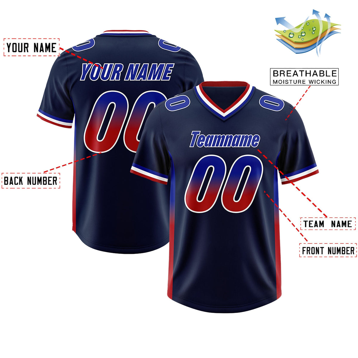 Custom Navy Royal and Red Sides Gradient Fashion Personalized Team American Football Jersey