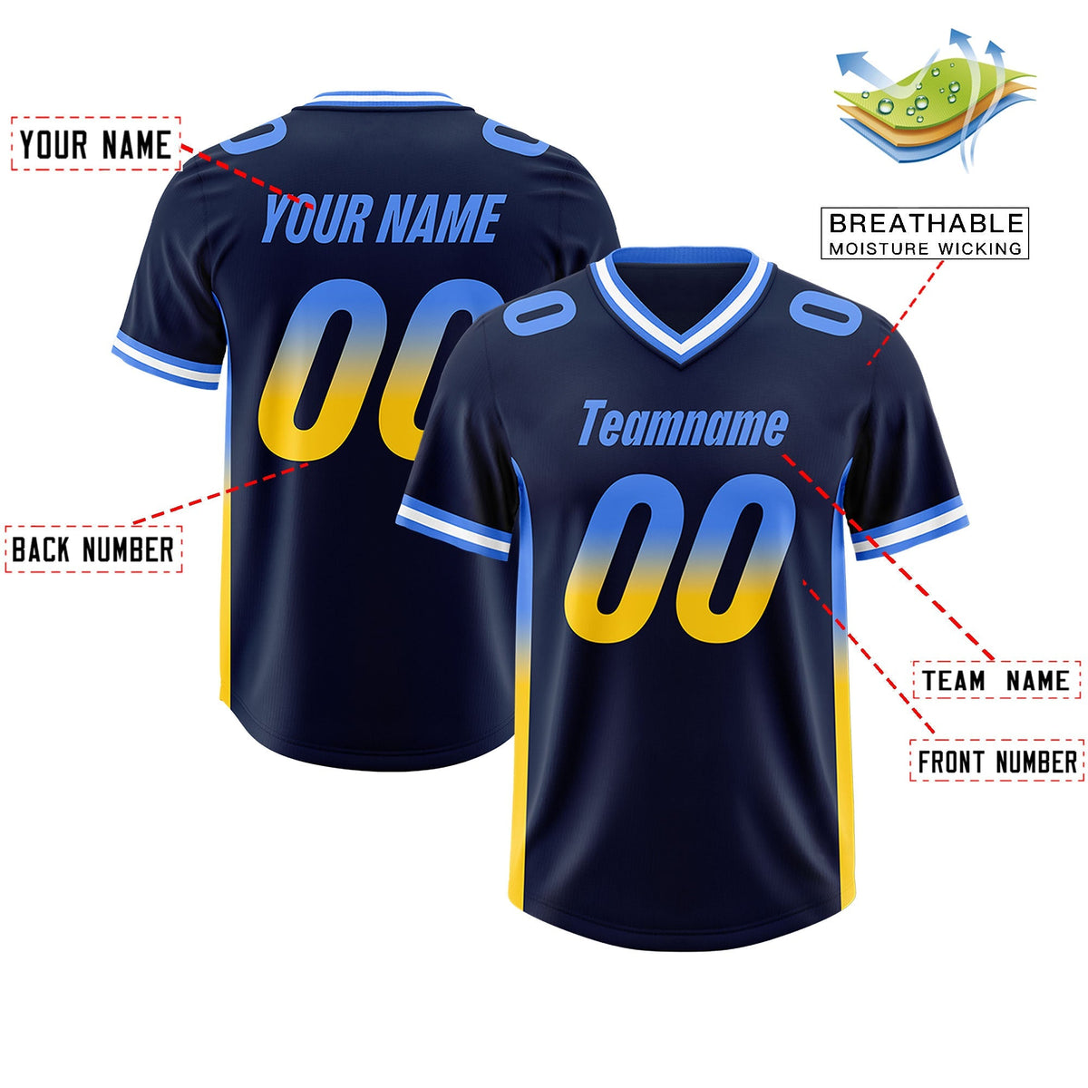 Custom Navy Powder Blue and Gold Sides Gradient Fashion Personalized Team American Football Jersey