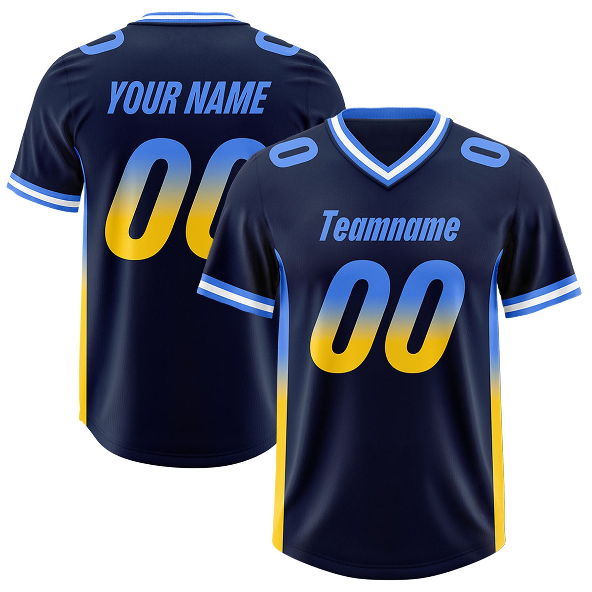 Custom Navy Powder Blue and Gold Sides Gradient Fashion Personalized Team American Football Jersey