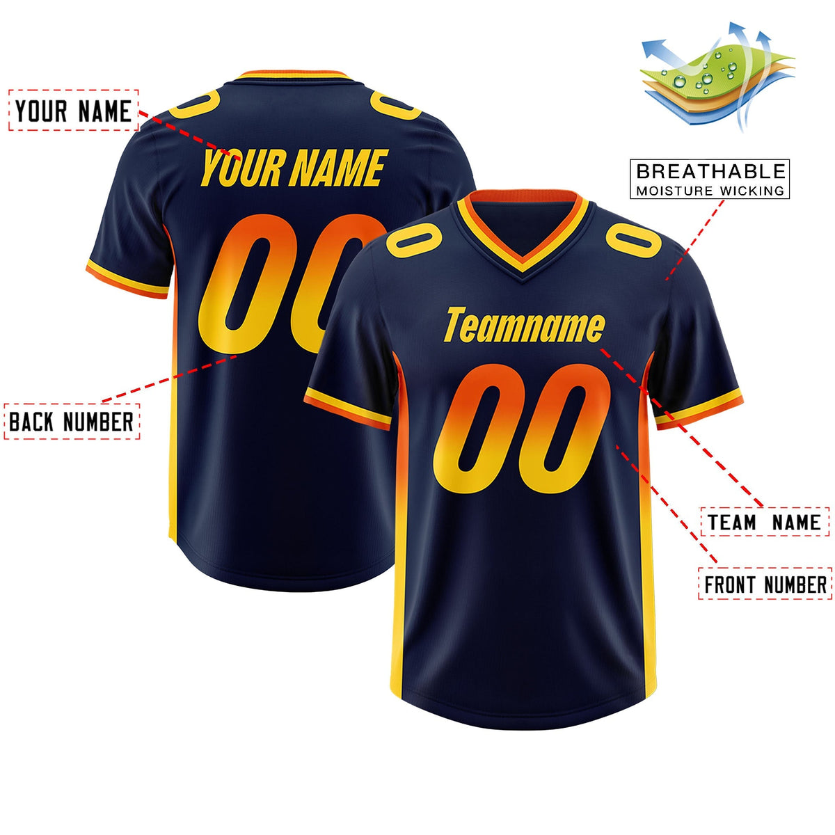 Custom Navy Orange and Gold Sides Gradient Fashion Personalized Team American Football Jersey
