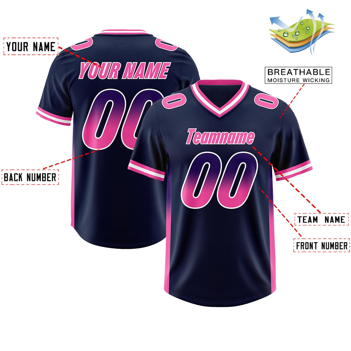 Custom Navy Purple and Pink Sides Gradient Fashion Personalized Team American Football Jersey