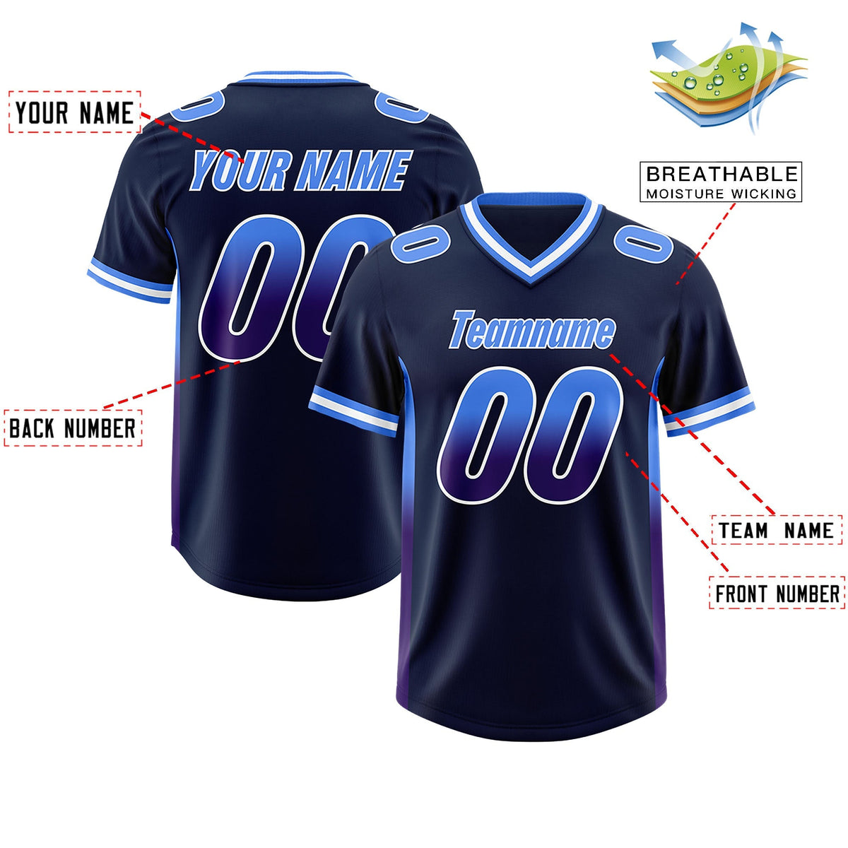 Custom Navy Powder Blue and Purple Sides Gradient Fashion Personalized Team American Football Jersey