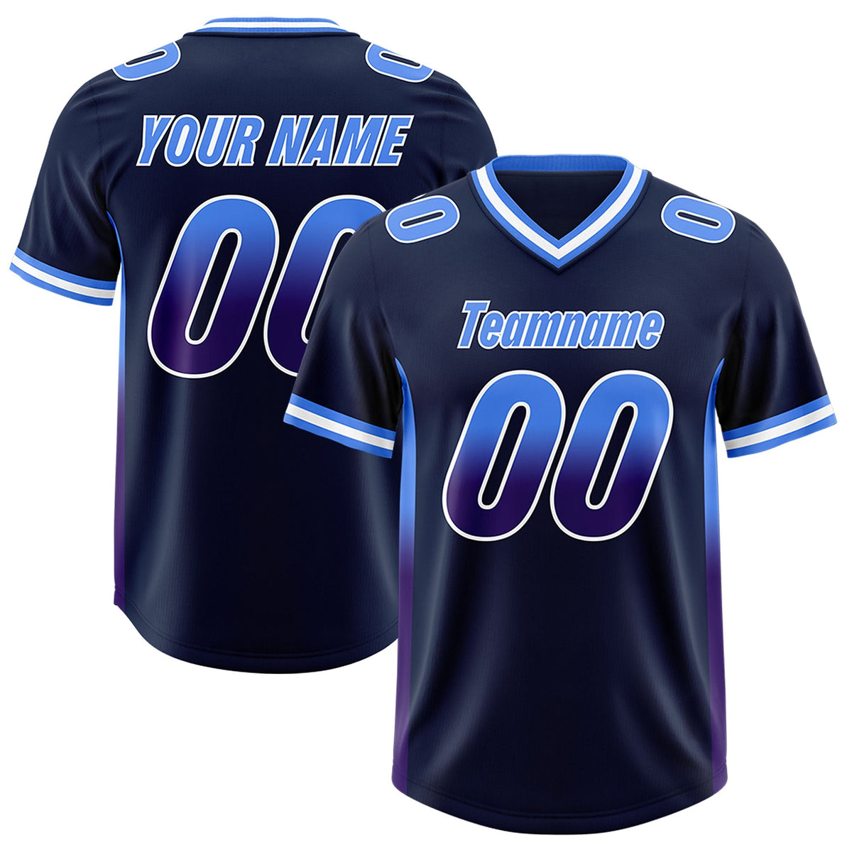 Custom Navy Powder Blue and Purple Sides Gradient Fashion Personalized Team American Football Jersey