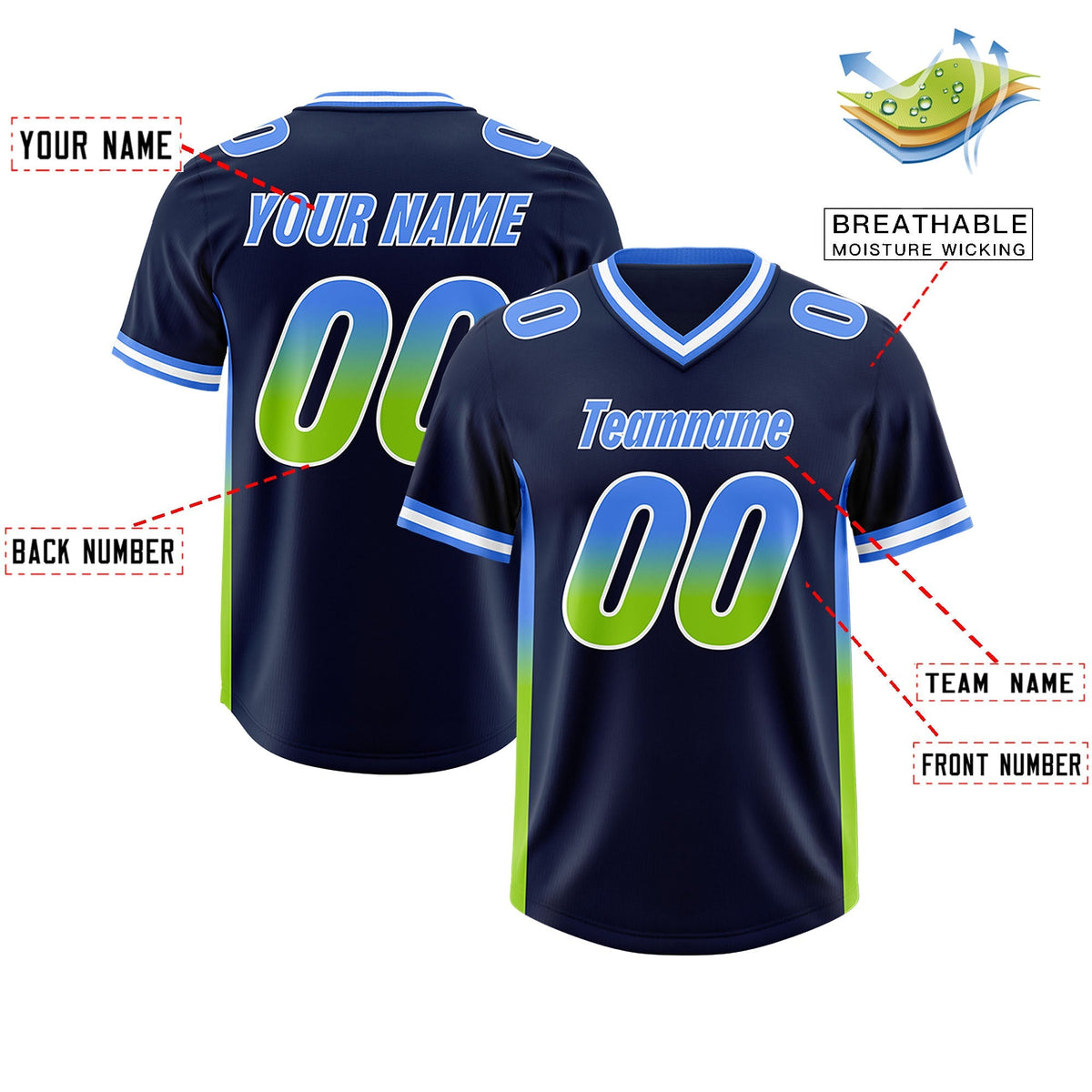 Custom Navy Powder Blue and Neon Green Sides Gradient Fashion Personalized Team American Football Jersey