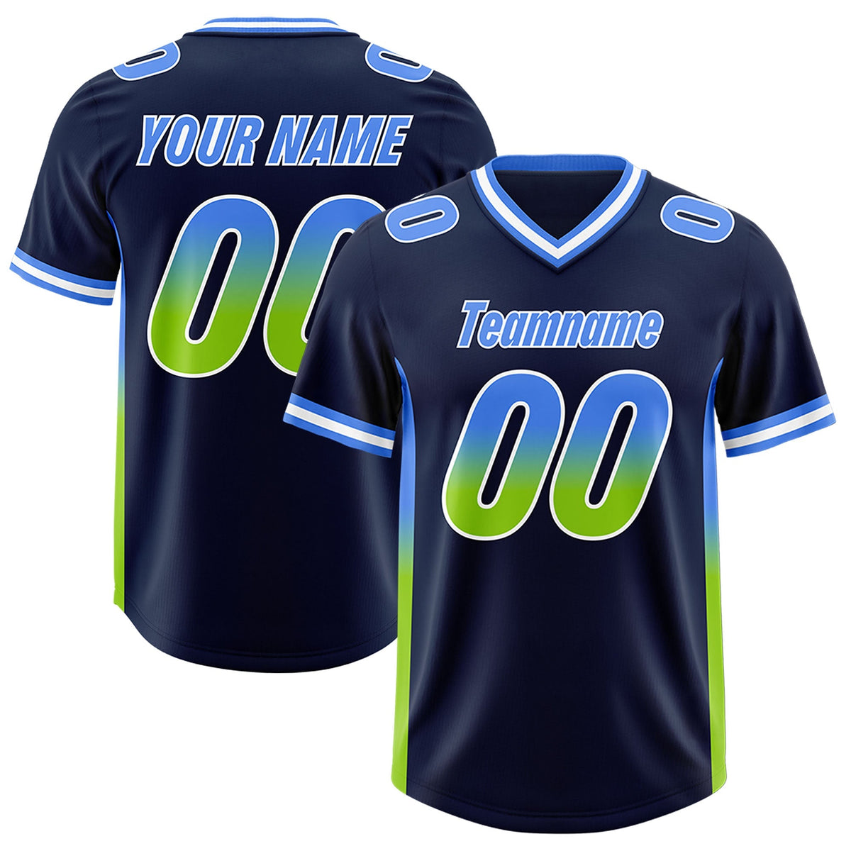 Custom Navy Powder Blue and Neon Green Sides Gradient Fashion Personalized Team American Football Jersey