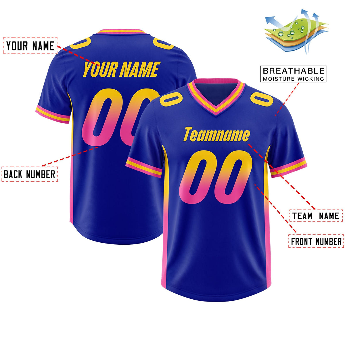 Custom Royal Gold Sides Gradient Fashion Personalized Team American Football Jersey