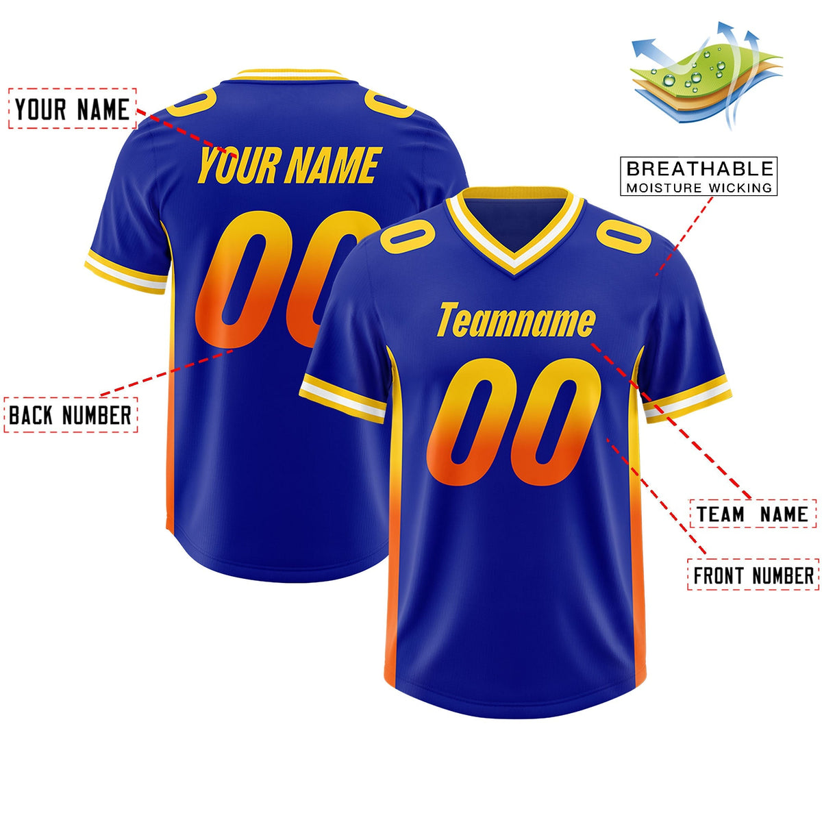 Custom Royal Gold Sides Gradient Fashion Personalized Team American Football Jersey