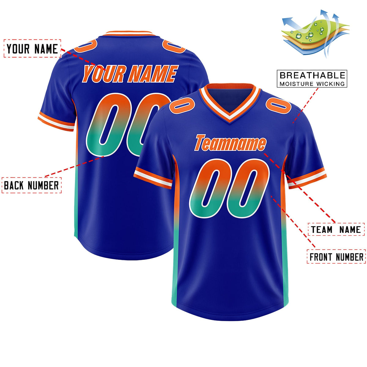 Custom Royal Orange and Bright Green Sides Gradient Fashion Personalized Team American Football Jersey