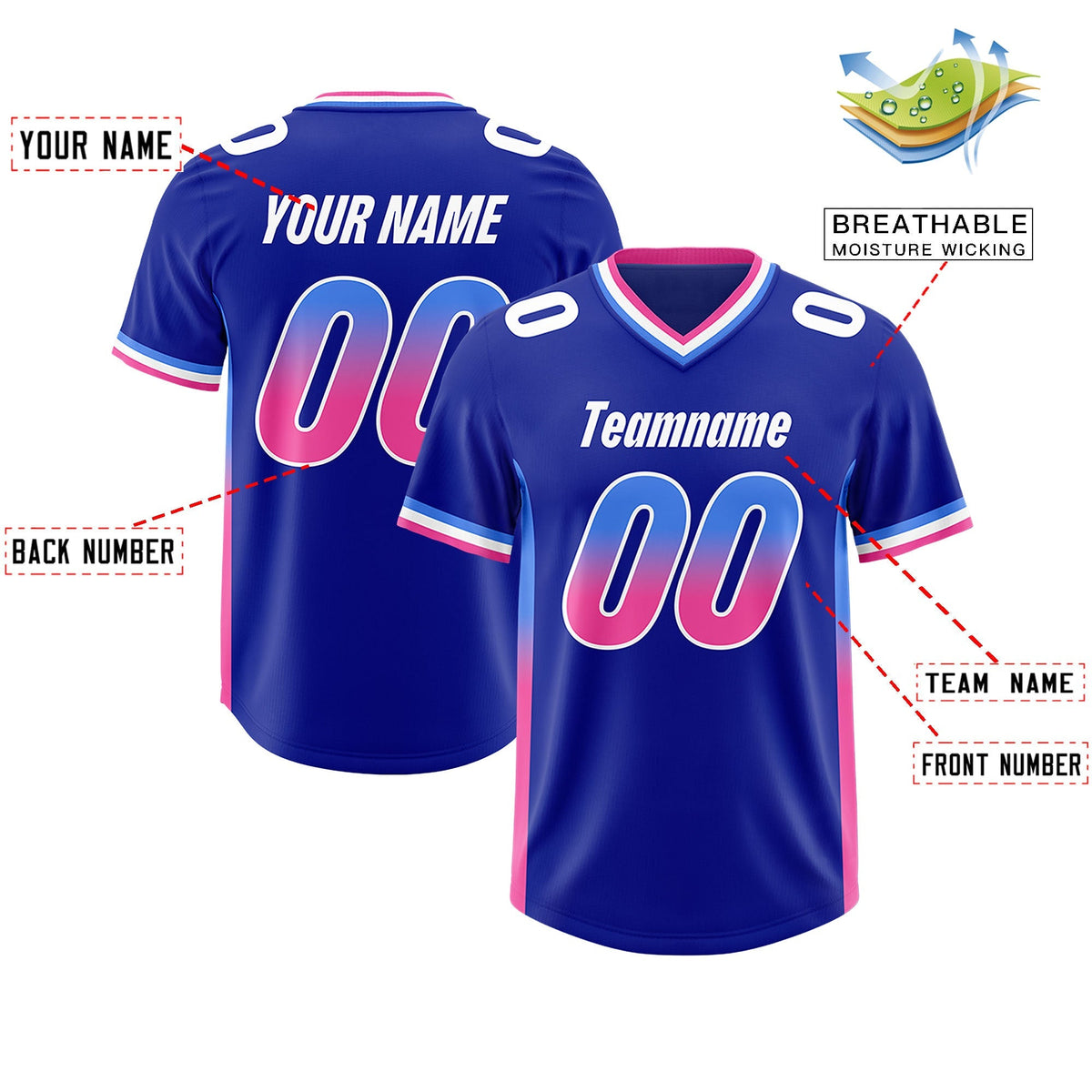 Custom Royal Powder Blue and Pink Sides Gradient Fashion Personalized Team American Football Jersey