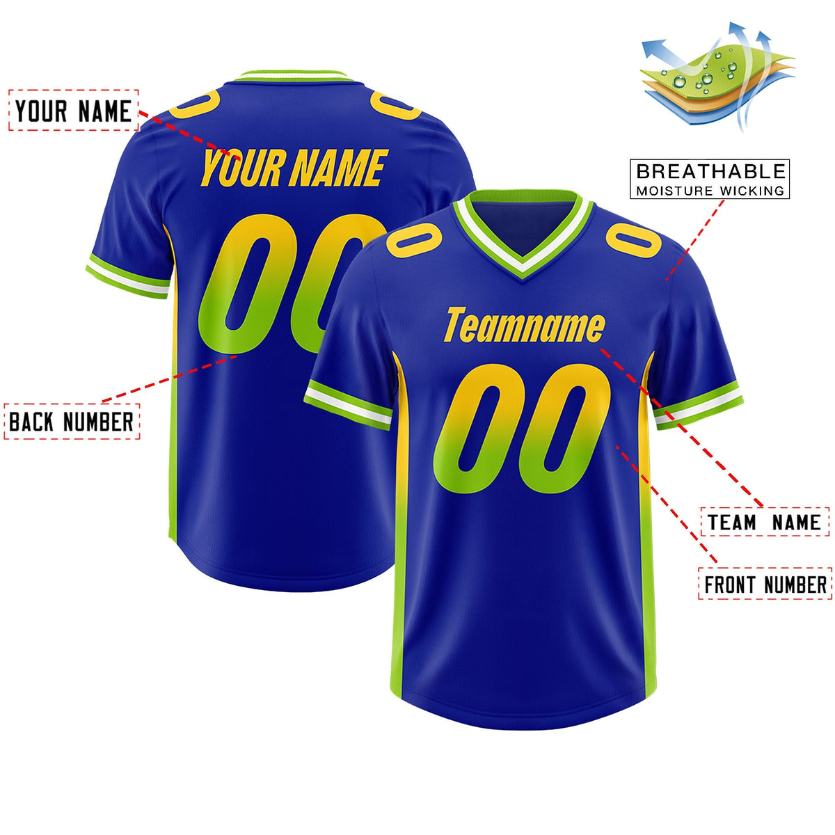 Custom Royal Gold Sides Gradient Fashion Personalized Team American Football Jersey