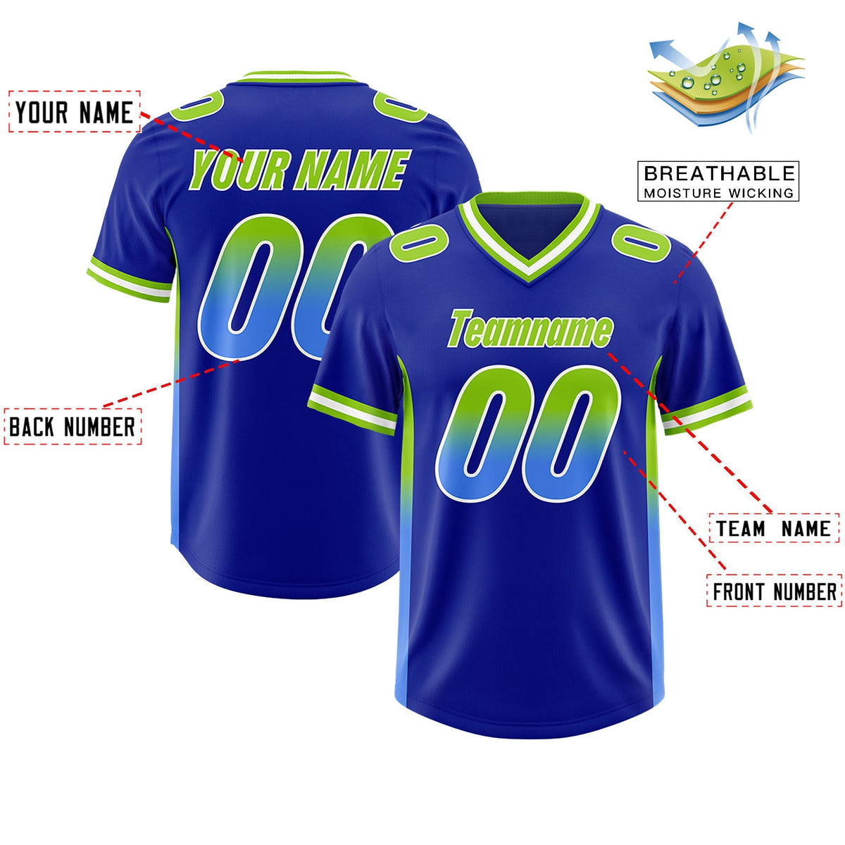 Custom Royal Neon Green and Powder Blue Sides Gradient Fashion Personalized Team American Football Jersey