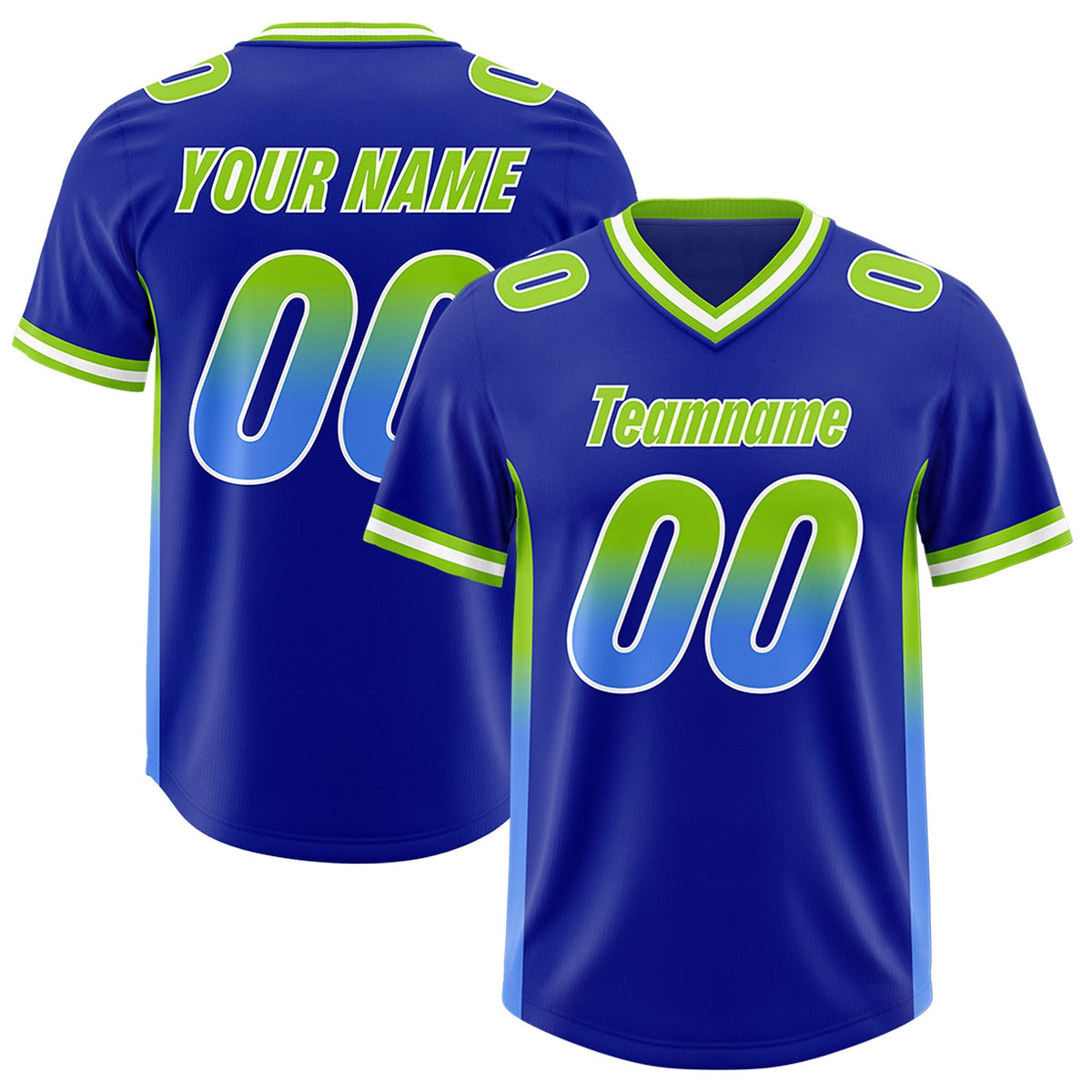 Custom Royal Neon Green and Powder Blue Sides Gradient Fashion Personalized Team American Football Jersey