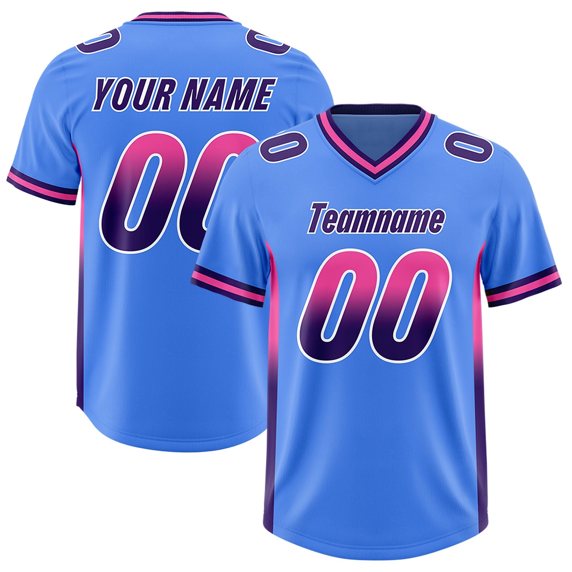 Custom Powder Blue Pink and Purple Sides Gradient Fashion Personalized Team American Football Jersey