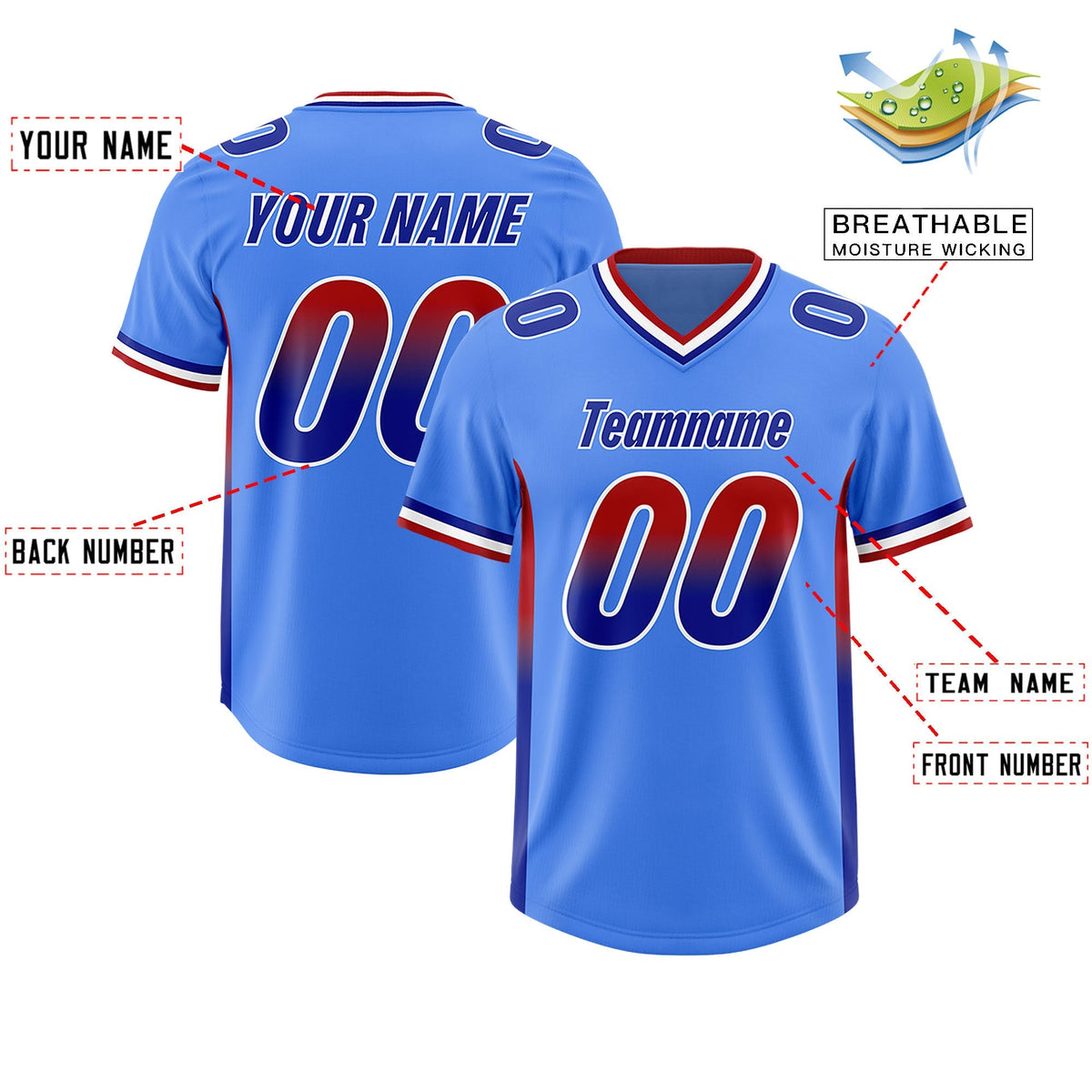 Custom Powder Blue Red and Royal Sides Gradient Fashion Personalized Team American Football Jersey