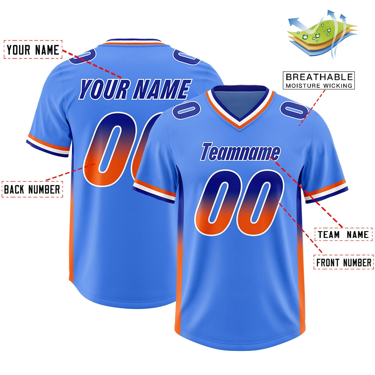 Custom Powder Blue Royal and Orange Sides Gradient Fashion Personalized Team American Football Jersey