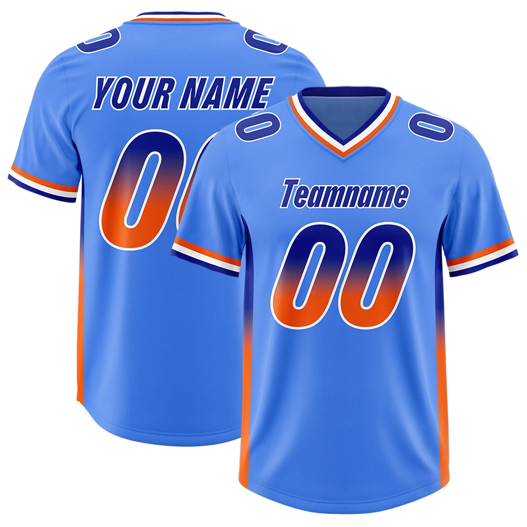 Custom Powder Blue Royal and Orange Sides Gradient Fashion Personalized Team American Football Jersey