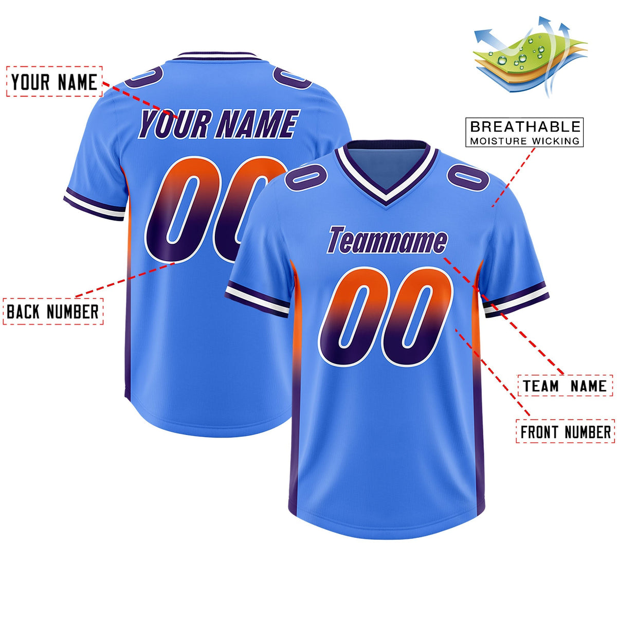 Custom Powder Blue Orange and Purple Sides Gradient Fashion Personalized Team American Football Jersey