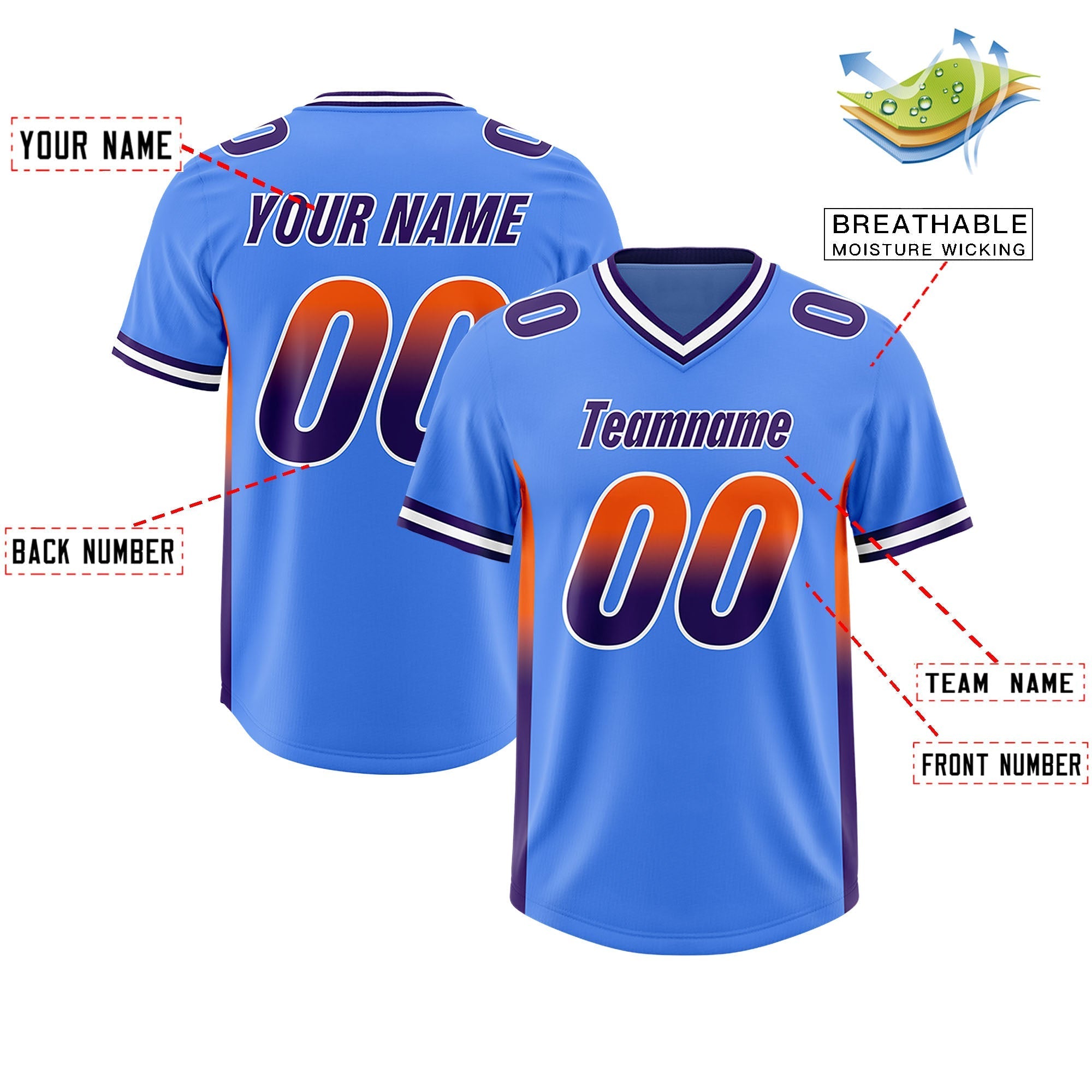 Custom Powder Blue Orange and Purple Sides Gradient Fashion Personalized Team American Football Jersey