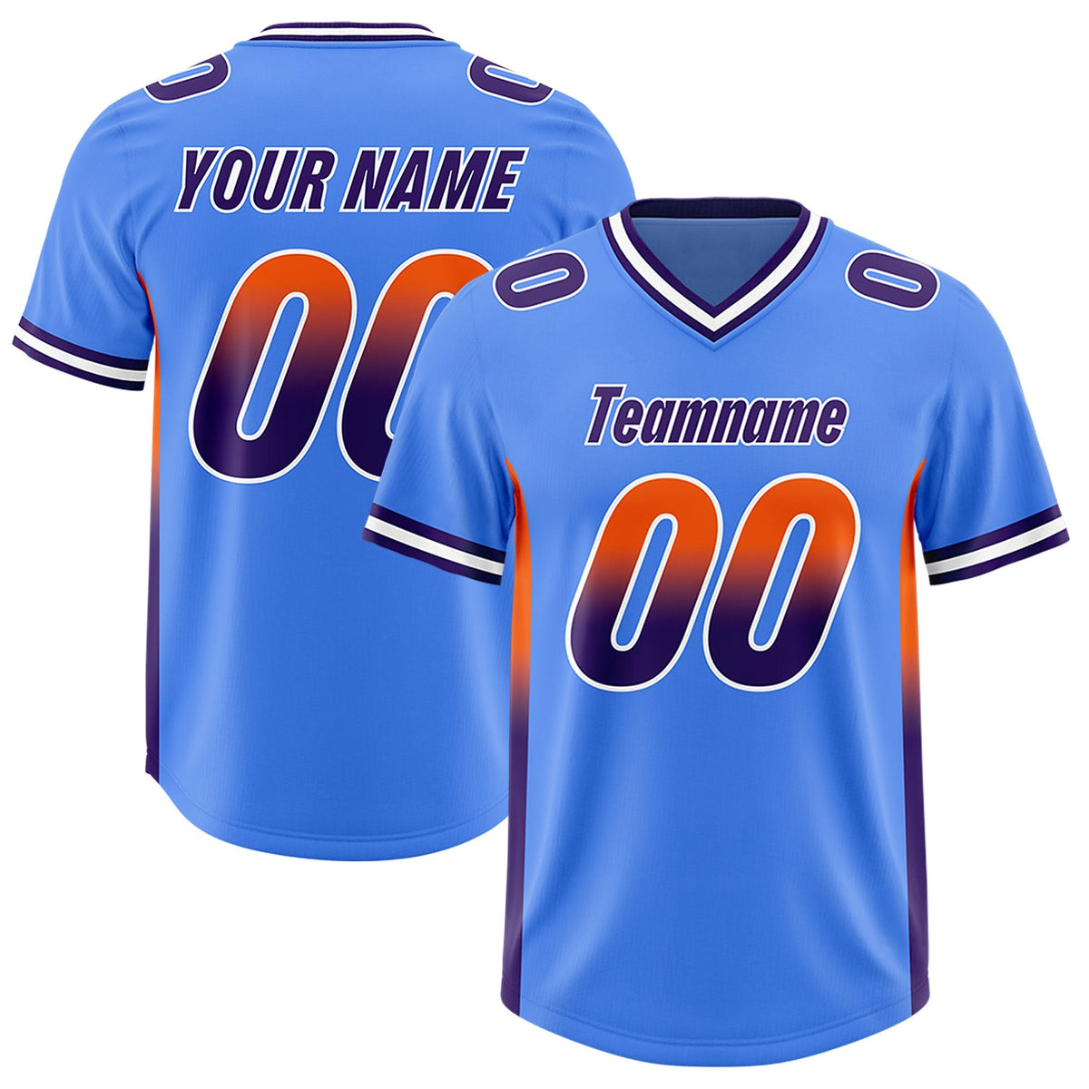 Custom Powder Blue Orange and Purple Sides Gradient Fashion Personalized Team American Football Jersey