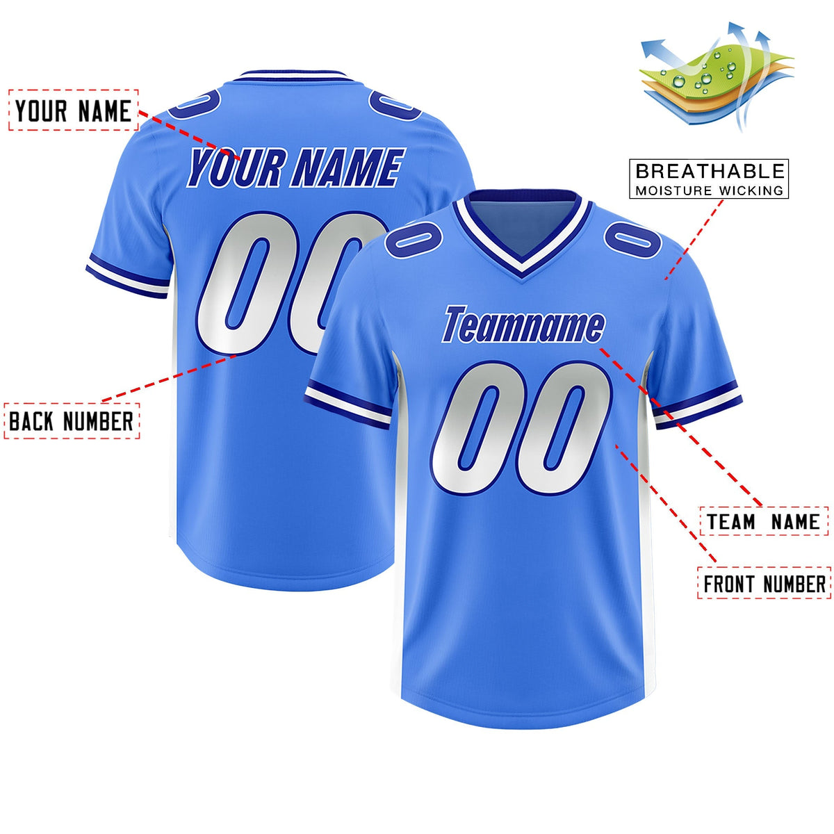 Custom Powder Blue Gray and White Sides Gradient Fashion Personalized Team American Football Jersey