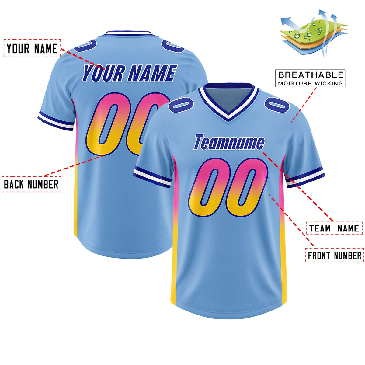 Custom Powder Blue Pink and Gold Sides Gradient Fashion Personalized Team American Football Jersey