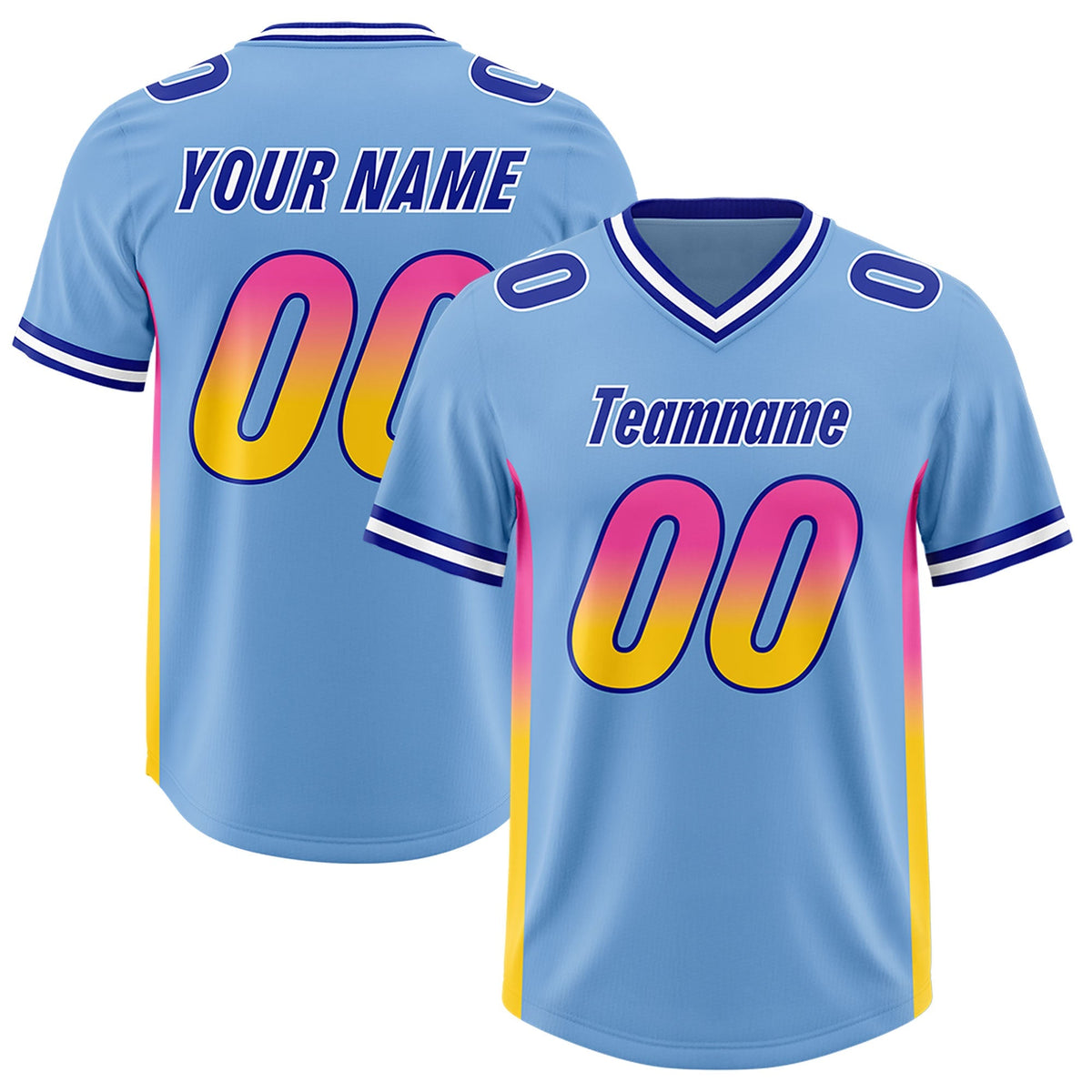 Custom Powder Blue Pink and Gold Sides Gradient Fashion Personalized Team American Football Jersey