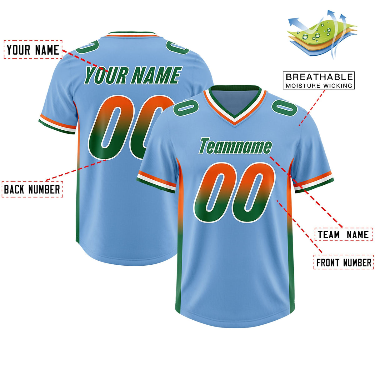 Custom Powder Blue Orange and Kelly Green Sides Gradient Fashion Personalized Team American Football Jersey