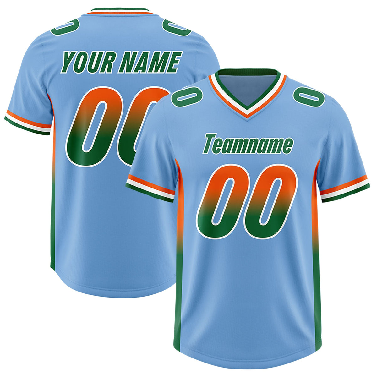 Custom Powder Blue Orange and Kelly Green Sides Gradient Fashion Personalized Team American Football Jersey