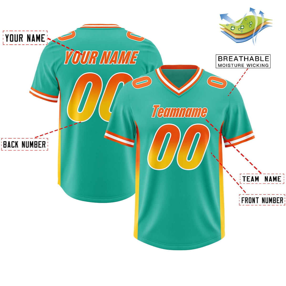 Custom Bright Green Orange and Gold Sides Gradient Fashion Personalized Team American Football Jersey