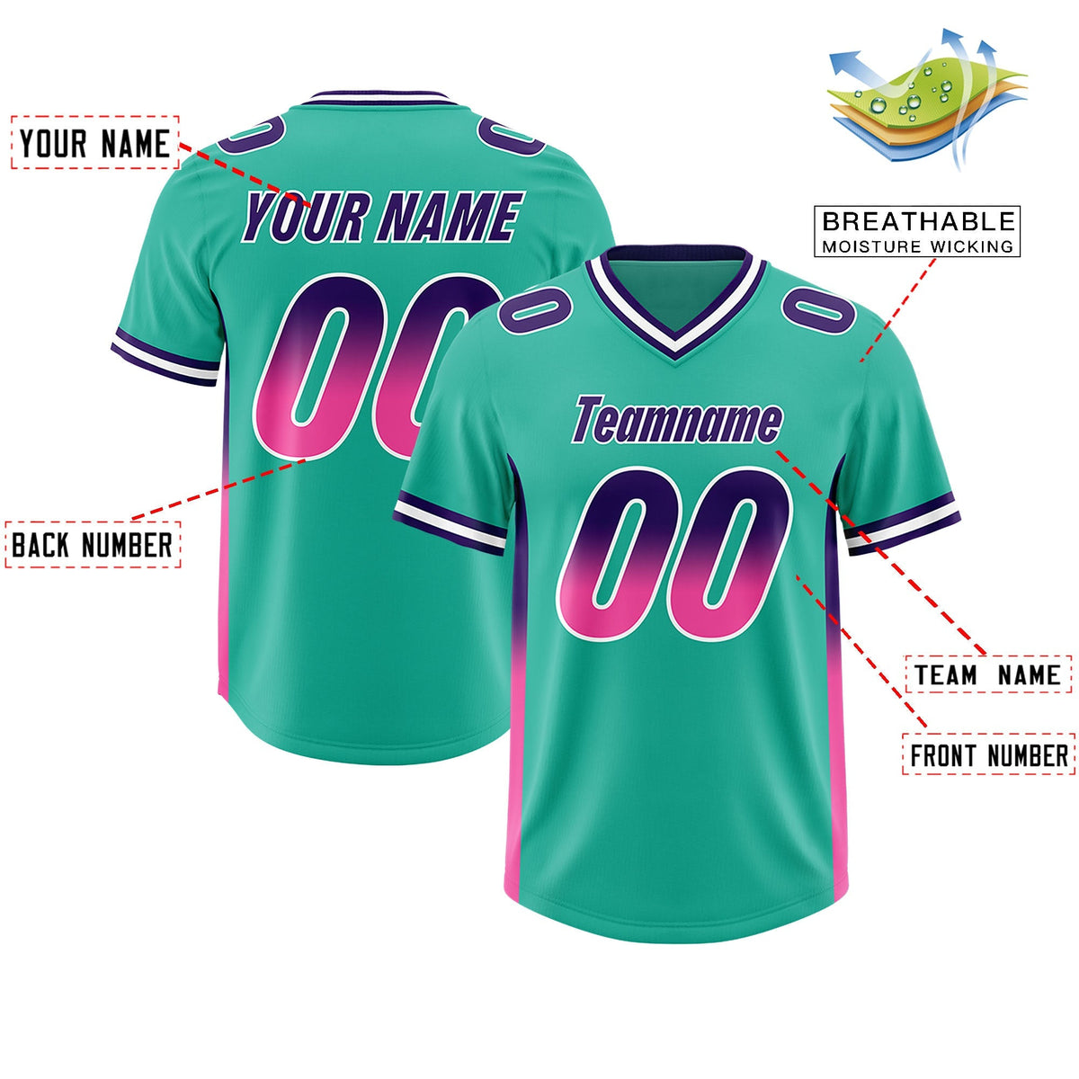 Custom Bright Green Purple and Pink Sides Gradient Fashion Personalized Team American Football Jersey
