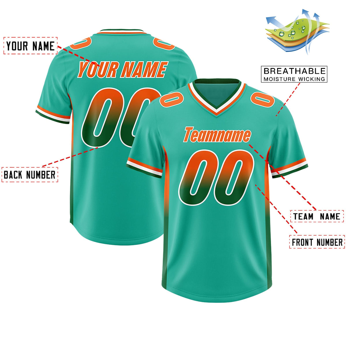 Custom Bright Green Orange and Kelly Green Sides Gradient Fashion Personalized Team American Football Jersey