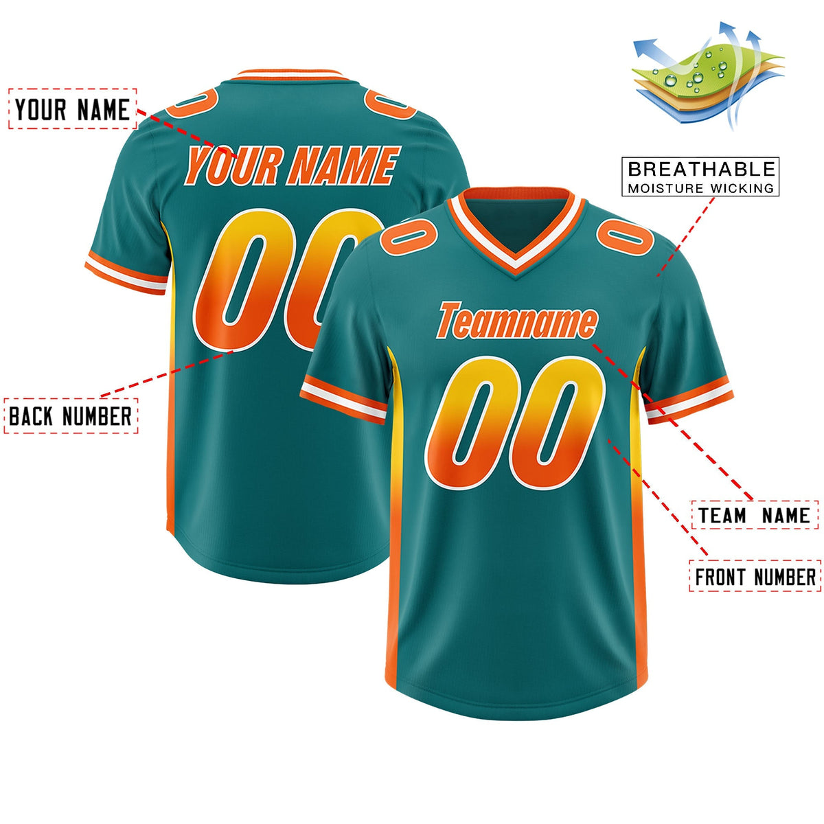 Custom Aqua Gold Sides Gradient Fashion Personalized Team American Football Jersey