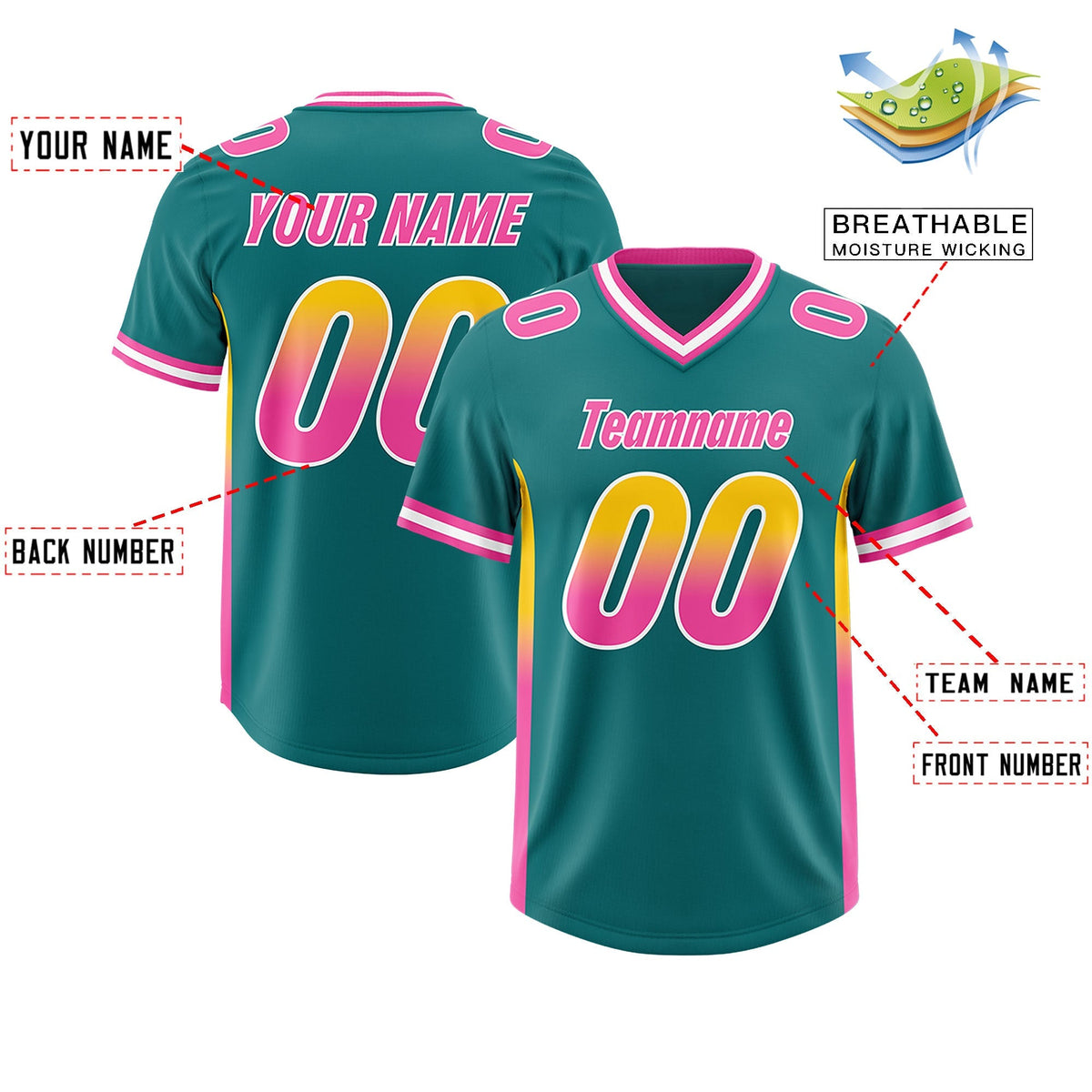 Custom Aqua Gold Sides Gradient Fashion Personalized Team American Football Jersey
